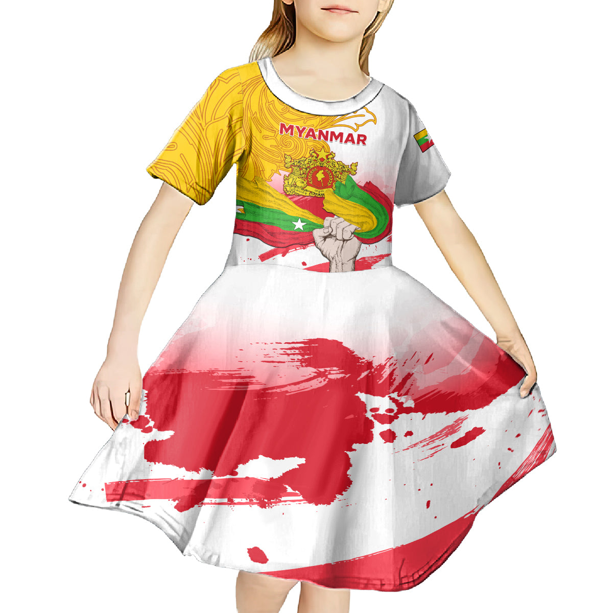 Myanmar Independence Day Kid Short Sleeve Dress Brahmadesh Kanote Pattern - Wonder Print Shop