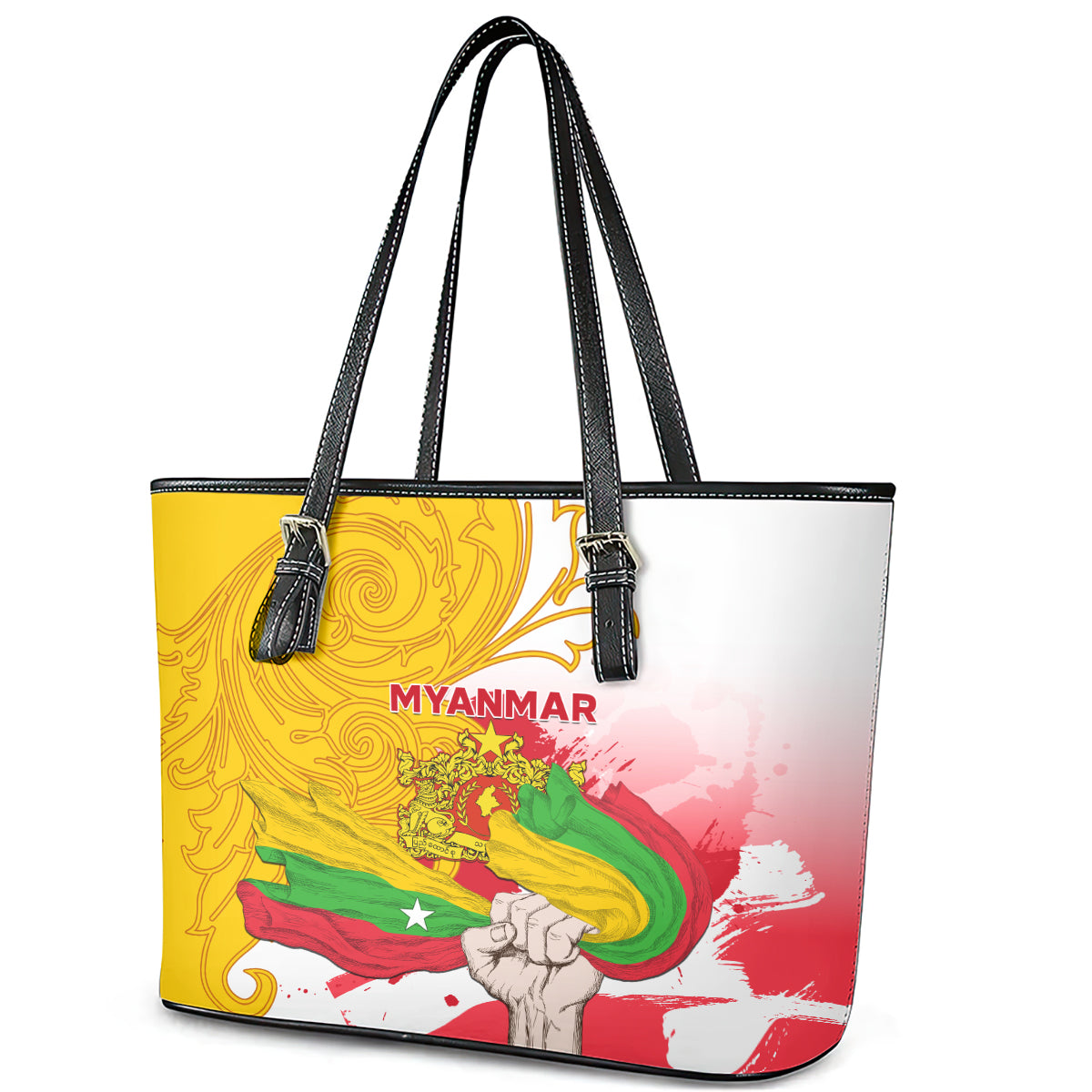 Myanmar Independence Day Leather Tote Bag Brahmadesh Kanote Pattern - Wonder Print Shop
