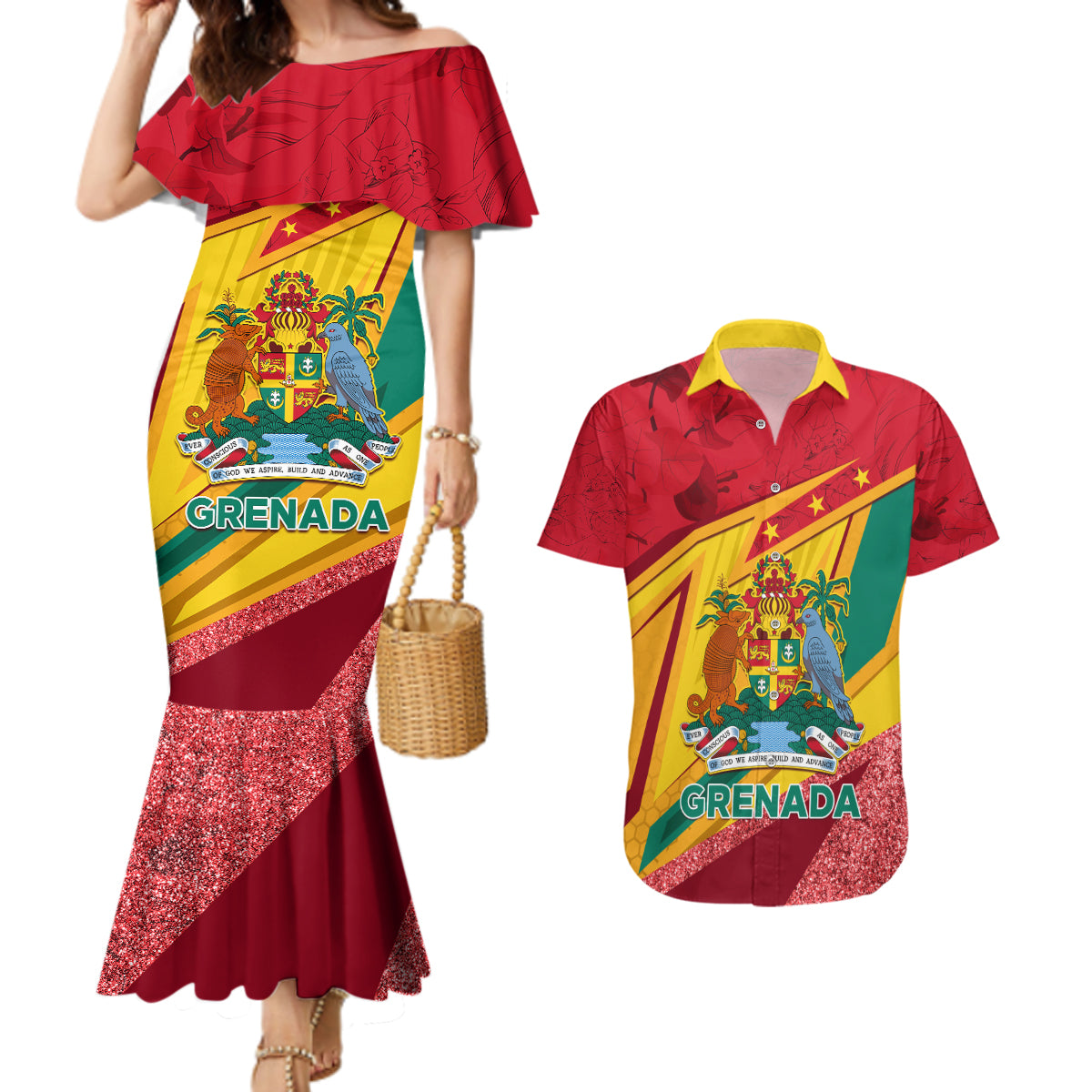Grenada Independence Day Couples Matching Mermaid Dress and Hawaiian Shirt Gwenad Bougainvillea Sparkle Version - Wonder Print Shop