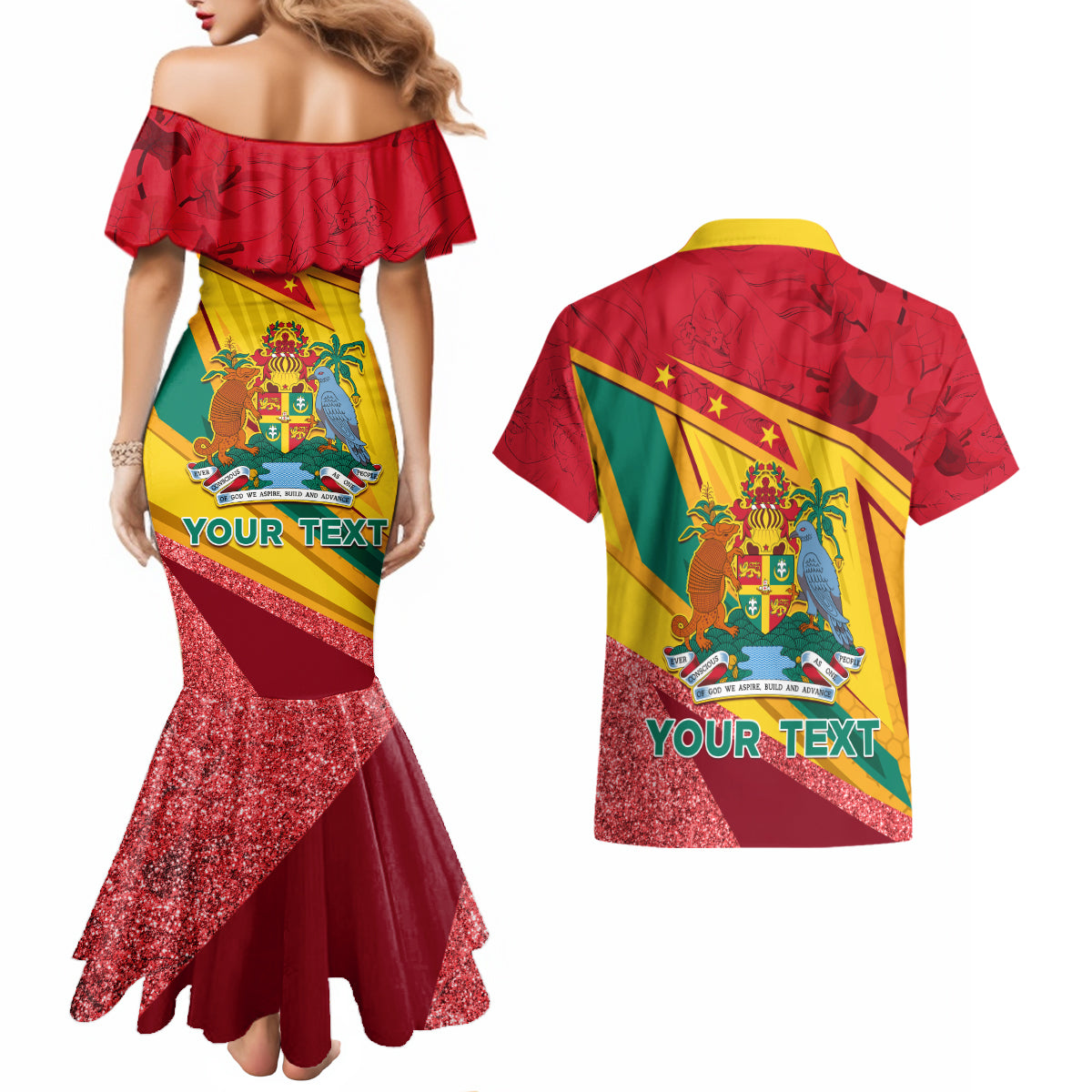 Grenada Independence Day Couples Matching Mermaid Dress and Hawaiian Shirt Gwenad Bougainvillea Sparkle Version - Wonder Print Shop