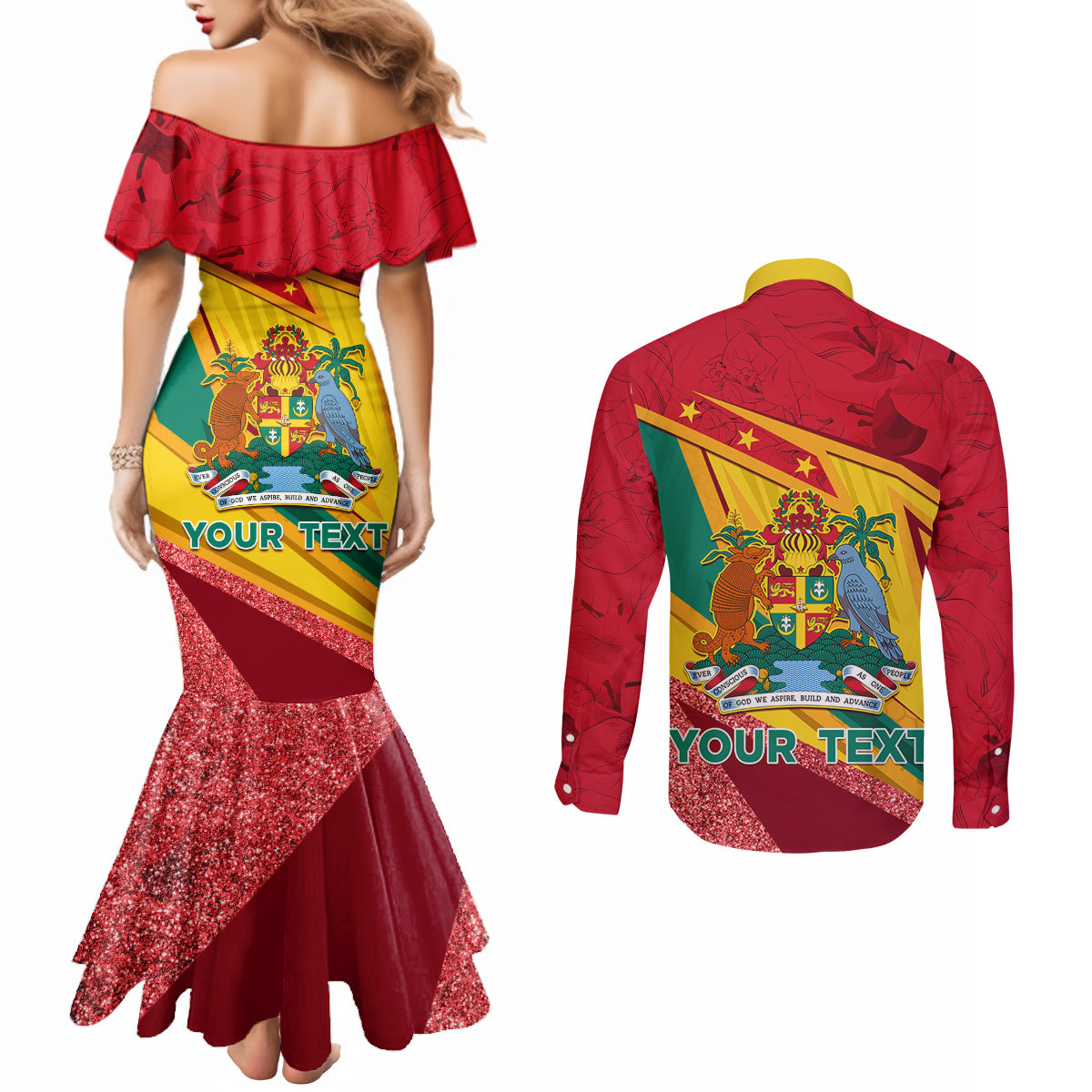 grenada-independence-day-couples-matching-mermaid-dress-and-long-sleeve-button-shirt-gwenad-bougainvillea-sparkle-version