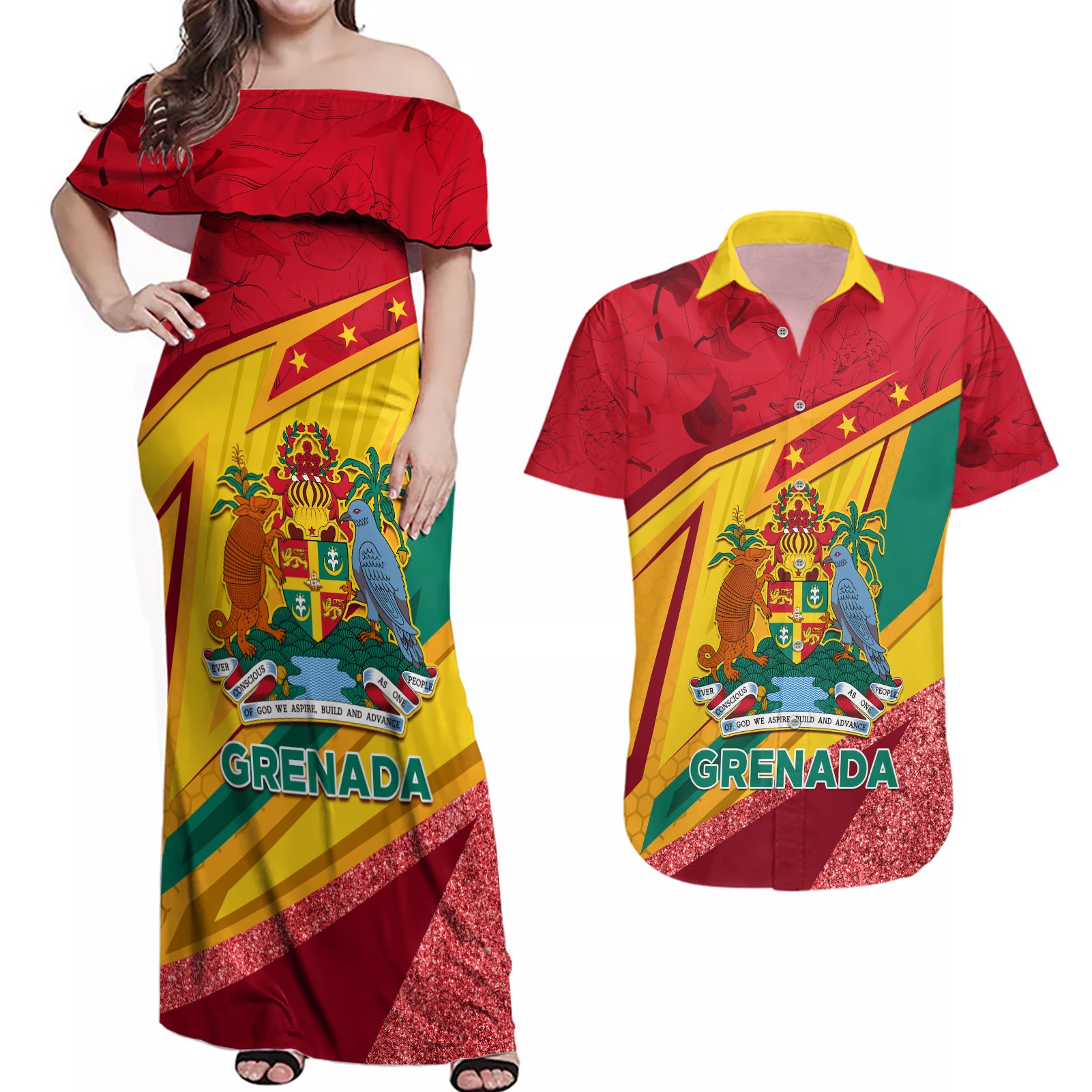 Grenada Independence Day Couples Matching Off Shoulder Maxi Dress and Hawaiian Shirt Gwenad Bougainvillea Sparkle Version - Wonder Print Shop