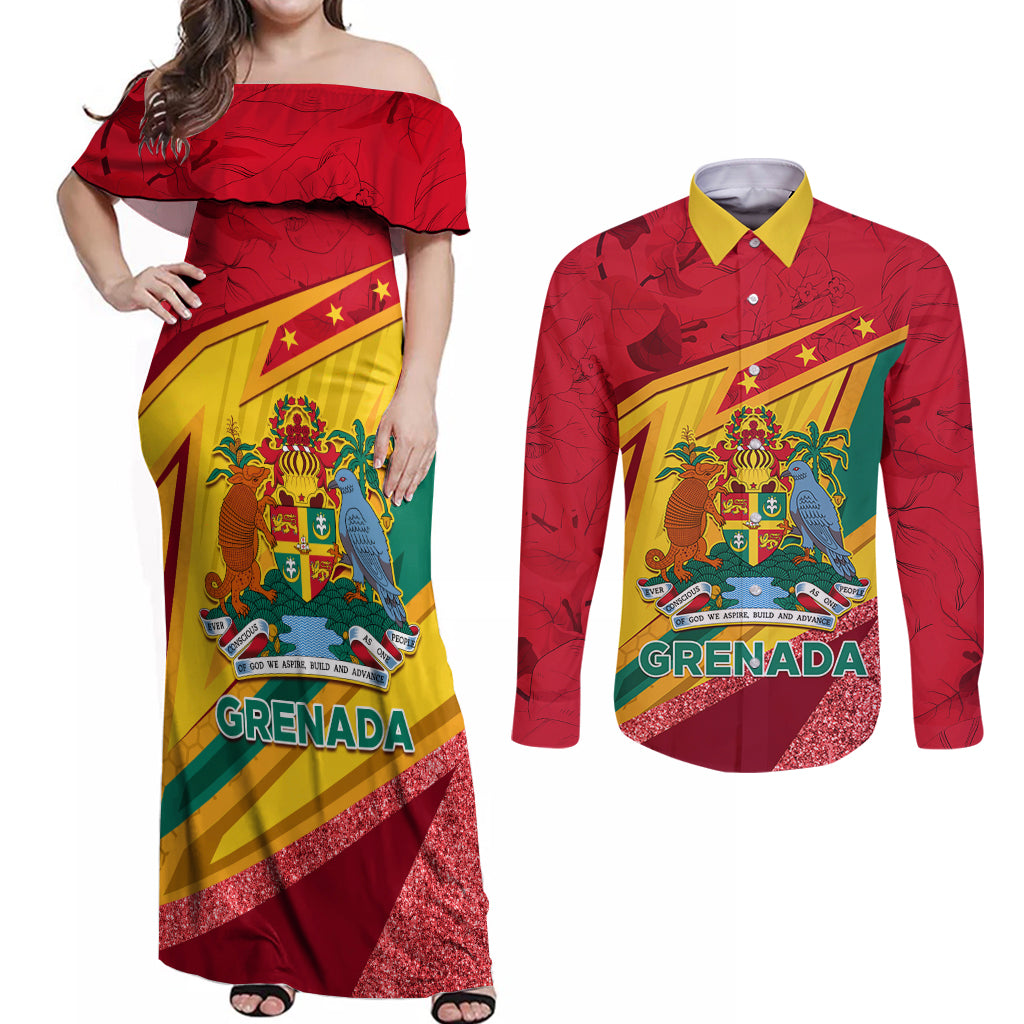 Grenada Independence Day Couples Matching Off Shoulder Maxi Dress and Long Sleeve Button Shirt Gwenad Bougainvillea Sparkle Version - Wonder Print Shop