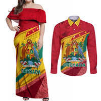 Grenada Independence Day Couples Matching Off Shoulder Maxi Dress and Long Sleeve Button Shirt Gwenad Bougainvillea Sparkle Version - Wonder Print Shop