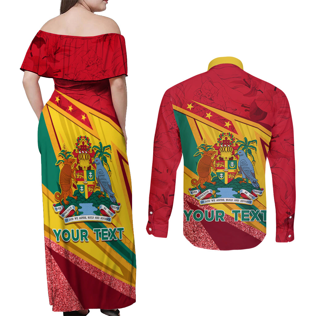 Grenada Independence Day Couples Matching Off Shoulder Maxi Dress and Long Sleeve Button Shirt Gwenad Bougainvillea Sparkle Version - Wonder Print Shop