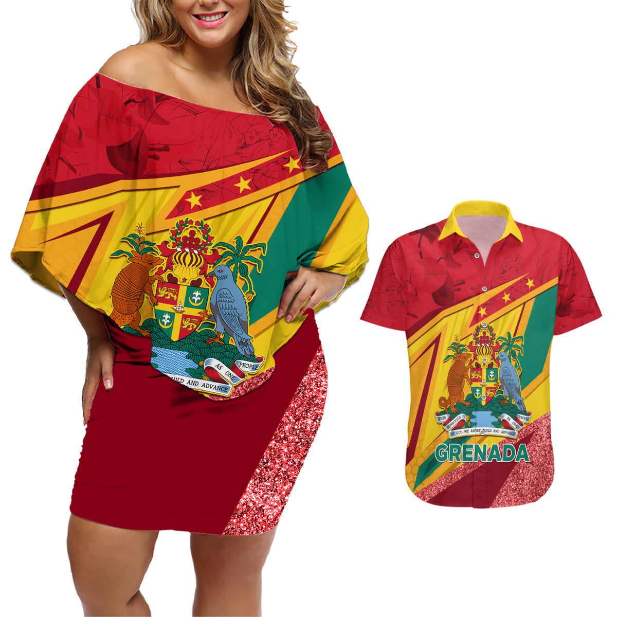 Grenada Independence Day Couples Matching Off Shoulder Short Dress and Hawaiian Shirt Gwenad Bougainvillea Sparkle Version - Wonder Print Shop