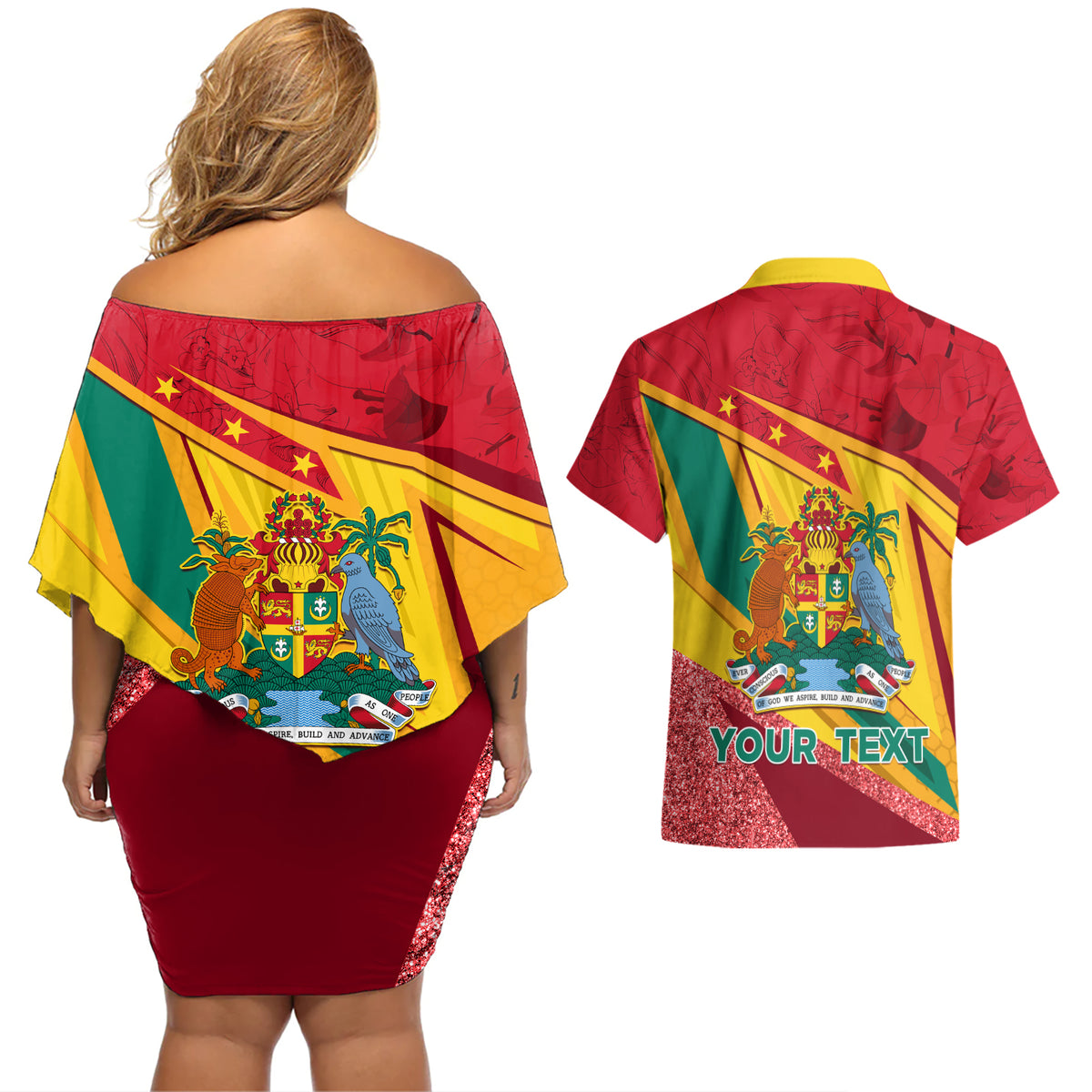 Grenada Independence Day Couples Matching Off Shoulder Short Dress and Hawaiian Shirt Gwenad Bougainvillea Sparkle Version - Wonder Print Shop