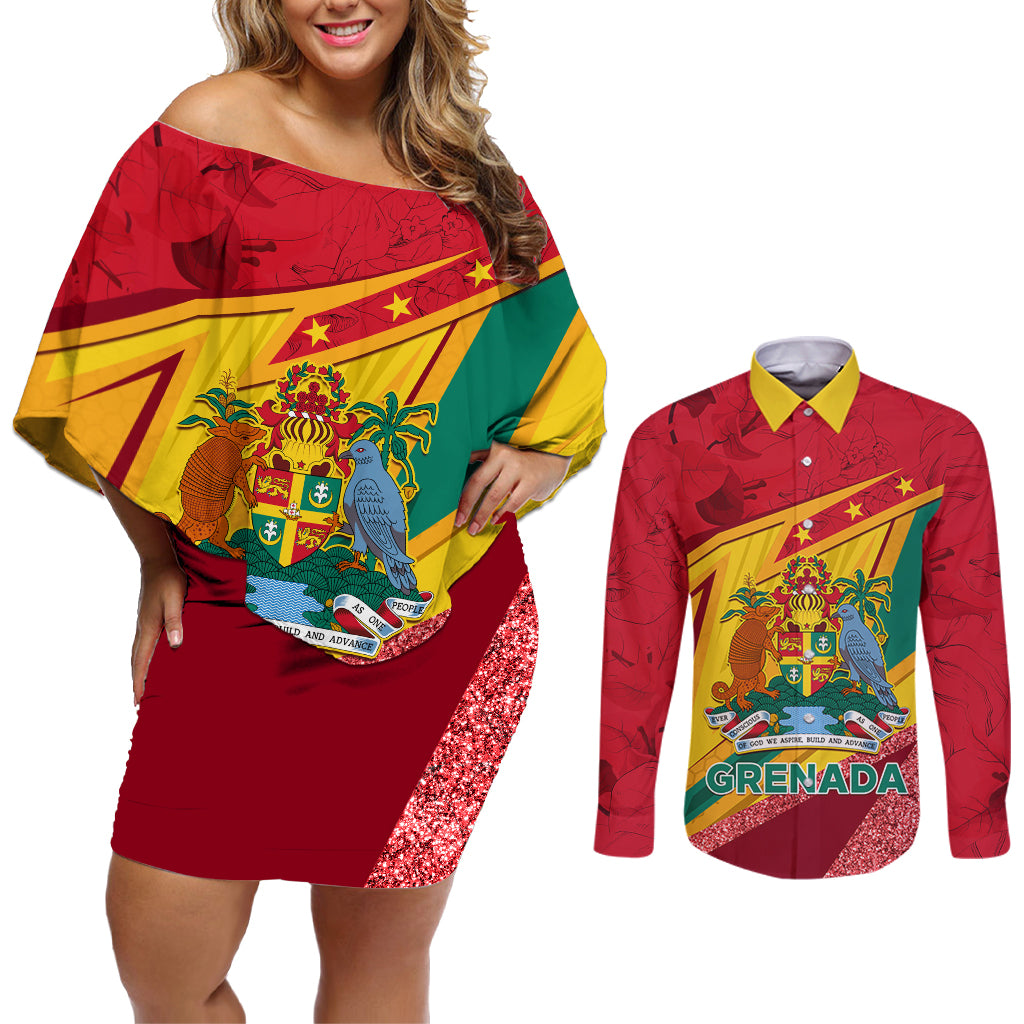 Grenada Independence Day Couples Matching Off Shoulder Short Dress and Long Sleeve Button Shirt Gwenad Bougainvillea Sparkle Version - Wonder Print Shop