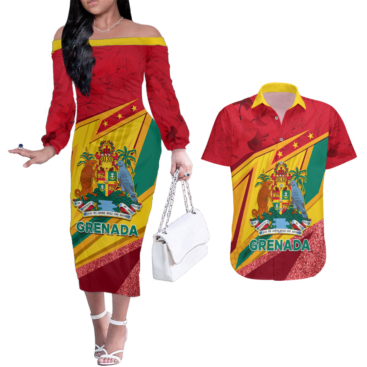 Grenada Independence Day Couples Matching Off The Shoulder Long Sleeve Dress and Hawaiian Shirt Gwenad Bougainvillea Sparkle Version - Wonder Print Shop