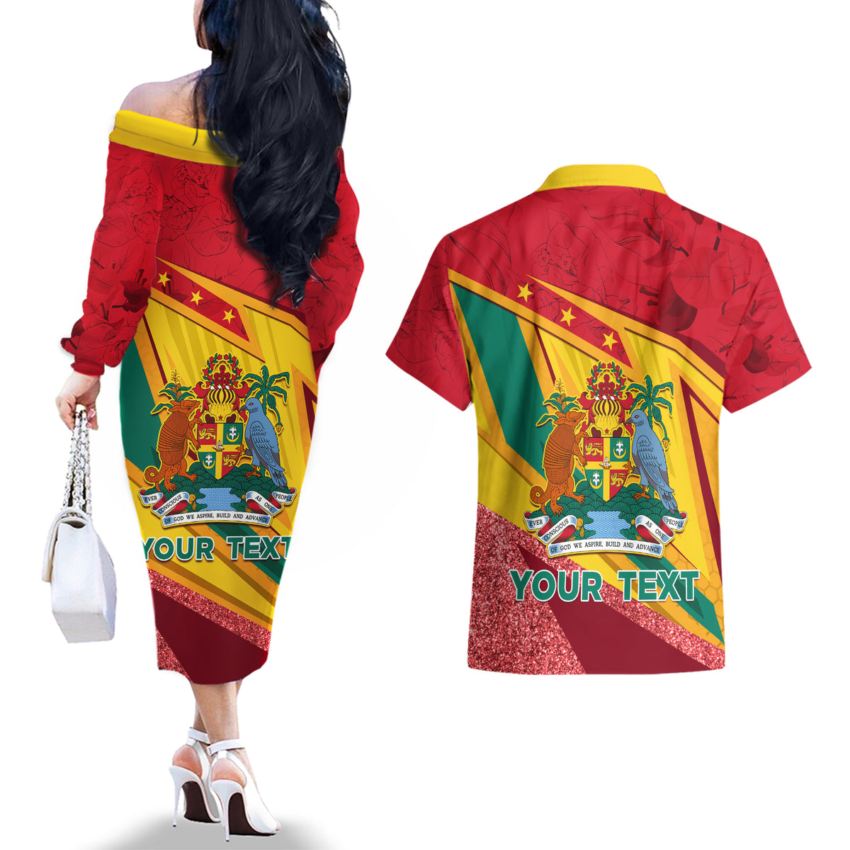 Grenada Independence Day Couples Matching Off The Shoulder Long Sleeve Dress and Hawaiian Shirt Gwenad Bougainvillea Sparkle Version - Wonder Print Shop