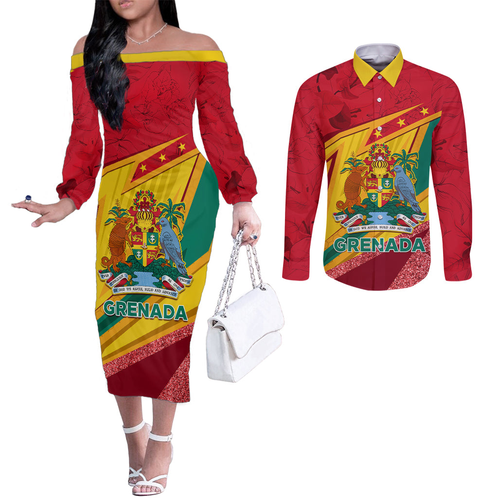 grenada-independence-day-couples-matching-off-the-shoulder-long-sleeve-dress-and-long-sleeve-button-shirt-gwenad-bougainvillea-sparkle-version