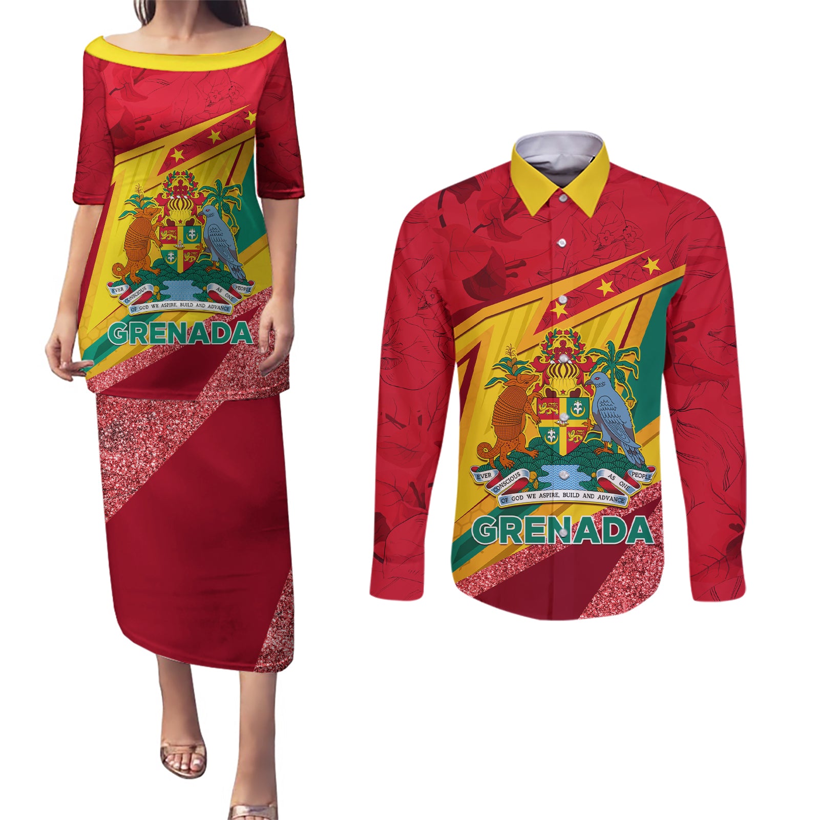 Grenada Independence Day Couples Matching Puletasi and Long Sleeve Button Shirt Gwenad Bougainvillea Sparkle Version - Wonder Print Shop