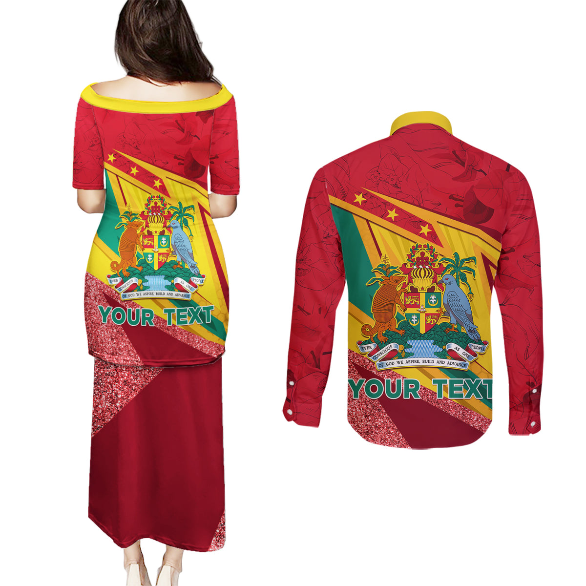 Grenada Independence Day Couples Matching Puletasi and Long Sleeve Button Shirt Gwenad Bougainvillea Sparkle Version - Wonder Print Shop