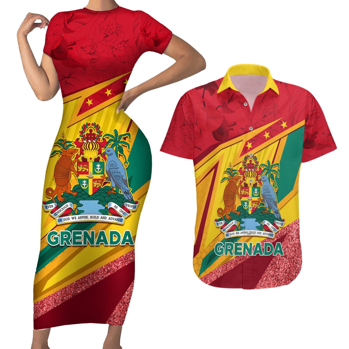 Grenada Independence Day Couples Matching Short Sleeve Bodycon Dress and Hawaiian Shirt Gwenad Bougainvillea Sparkle Version - Wonder Print Shop