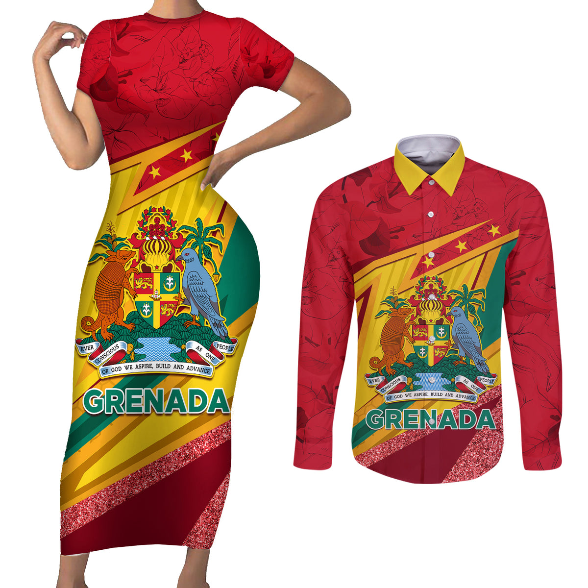 Grenada Independence Day Couples Matching Short Sleeve Bodycon Dress and Long Sleeve Button Shirt Gwenad Bougainvillea Sparkle Version - Wonder Print Shop