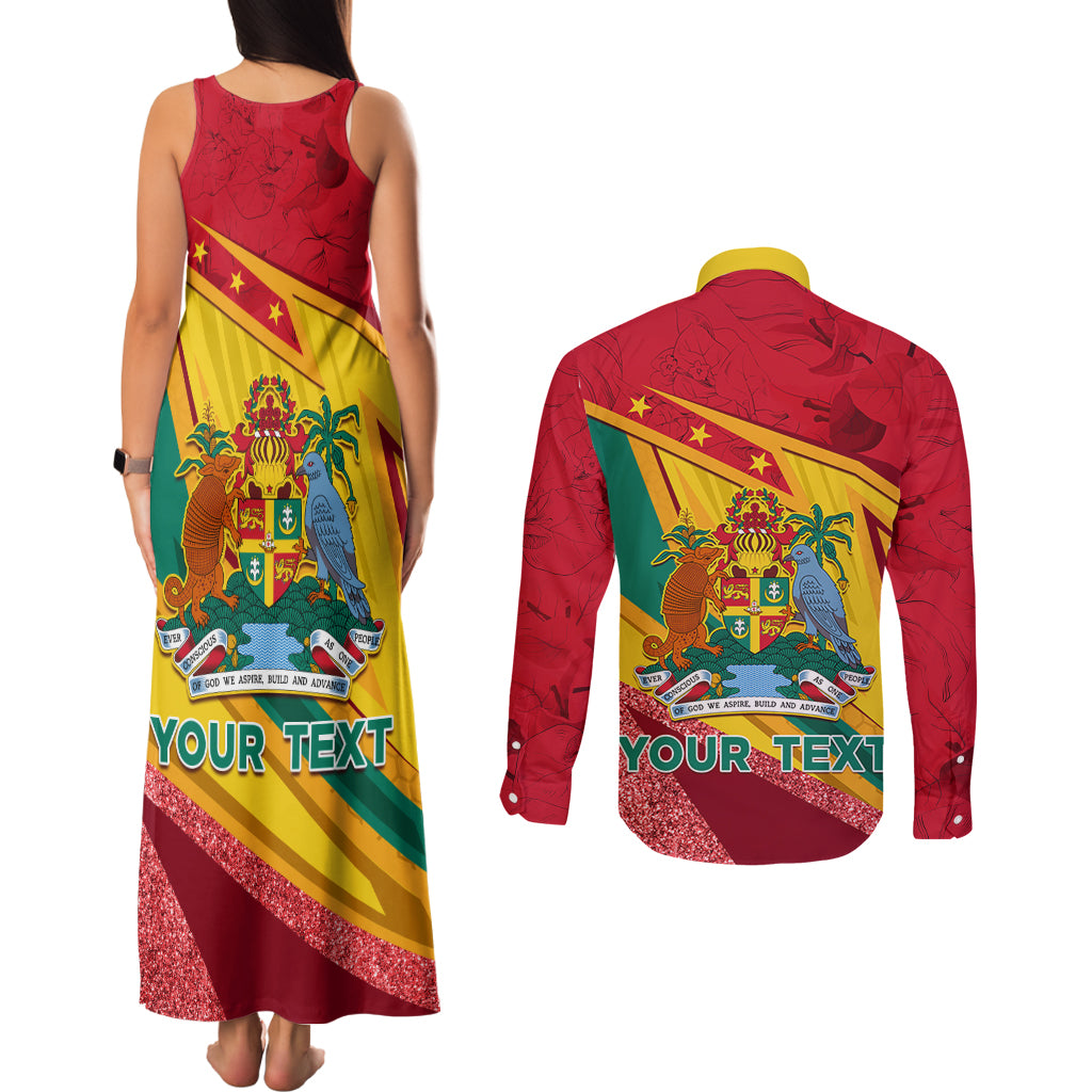Grenada Independence Day Couples Matching Tank Maxi Dress and Long Sleeve Button Shirt Gwenad Bougainvillea Sparkle Version - Wonder Print Shop