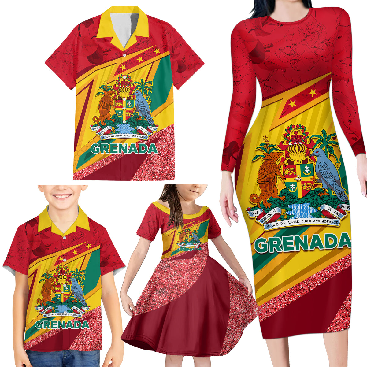 Grenada Independence Day Family Matching Long Sleeve Bodycon Dress and Hawaiian Shirt Gwenad Bougainvillea Sparkle Version - Wonder Print Shop