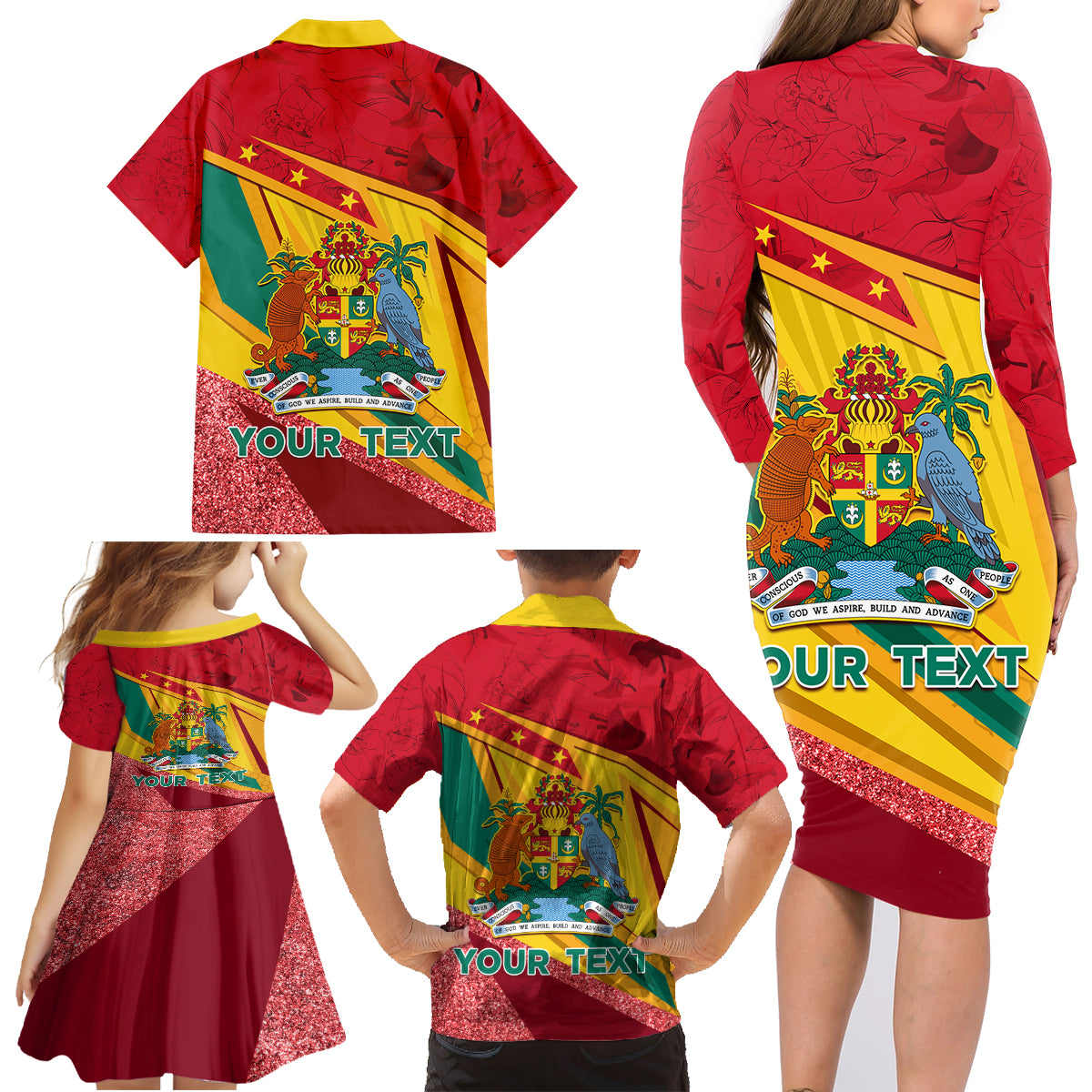 Grenada Independence Day Family Matching Long Sleeve Bodycon Dress and Hawaiian Shirt Gwenad Bougainvillea Sparkle Version - Wonder Print Shop
