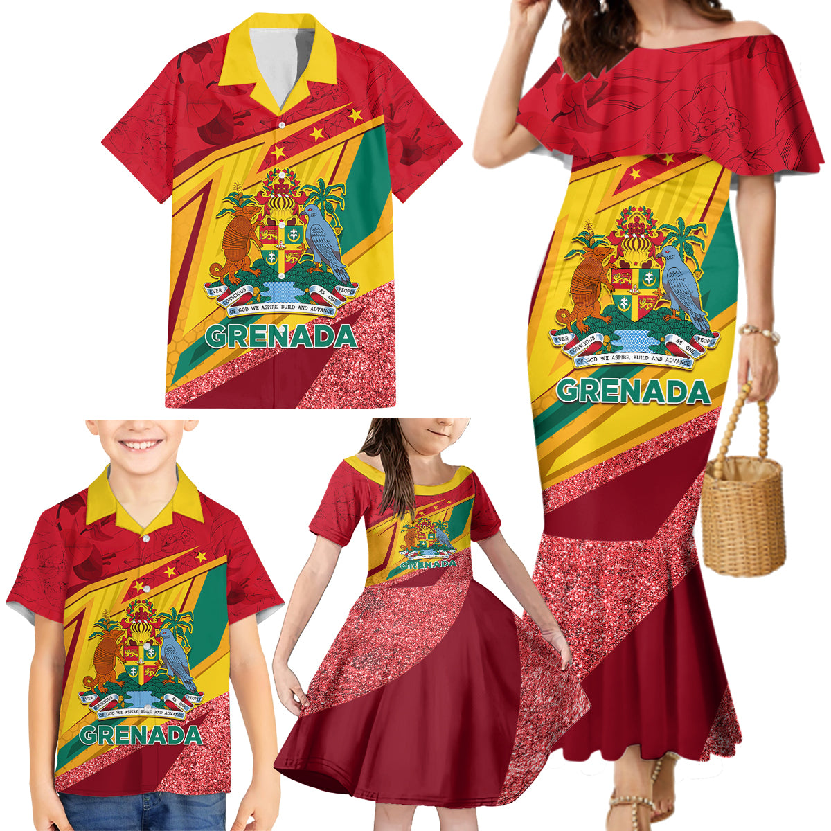 Grenada Independence Day Family Matching Mermaid Dress and Hawaiian Shirt Gwenad Bougainvillea Sparkle Version - Wonder Print Shop