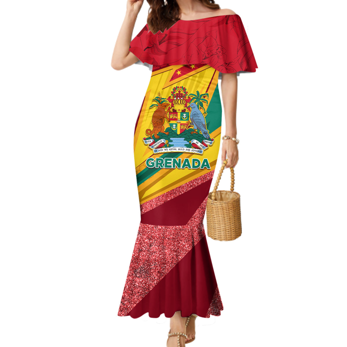 Grenada Independence Day Family Matching Mermaid Dress and Hawaiian Shirt Gwenad Bougainvillea Sparkle Version - Wonder Print Shop