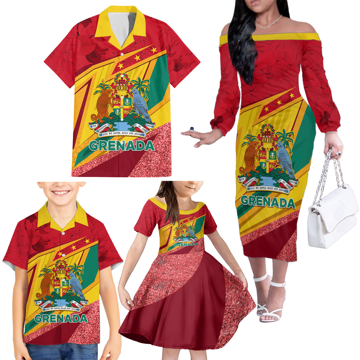 Grenada Independence Day Family Matching Off Shoulder Long Sleeve Dress and Hawaiian Shirt Gwenad Bougainvillea Sparkle Version - Wonder Print Shop