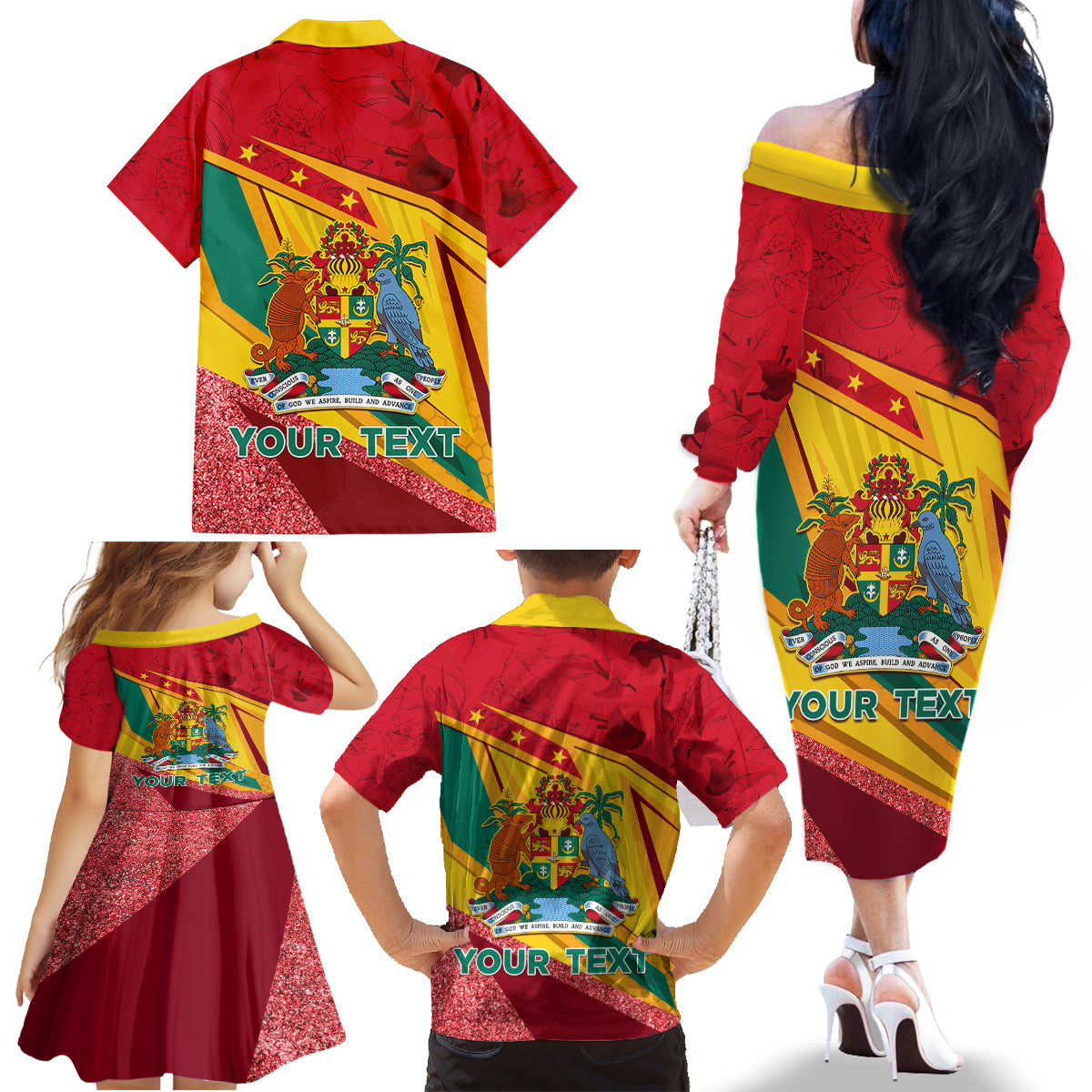 Grenada Independence Day Family Matching Off Shoulder Long Sleeve Dress and Hawaiian Shirt Gwenad Bougainvillea Sparkle Version - Wonder Print Shop