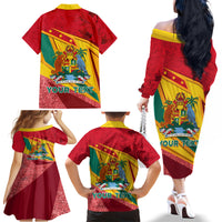 Grenada Independence Day Family Matching Off Shoulder Long Sleeve Dress and Hawaiian Shirt Gwenad Bougainvillea Sparkle Version - Wonder Print Shop