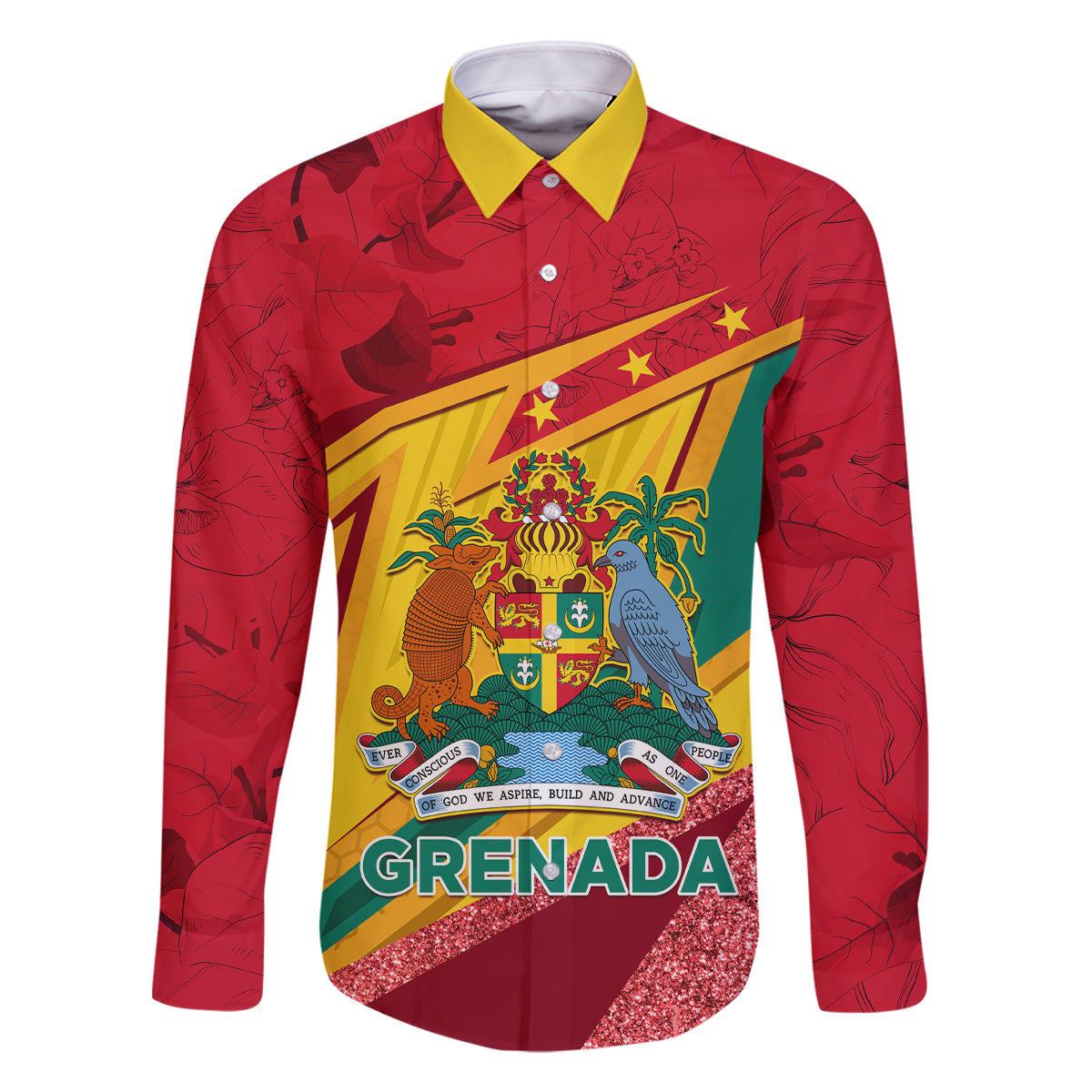 Grenada Independence Day Family Matching Off Shoulder Long Sleeve Dress and Hawaiian Shirt Gwenad Bougainvillea Sparkle Version - Wonder Print Shop