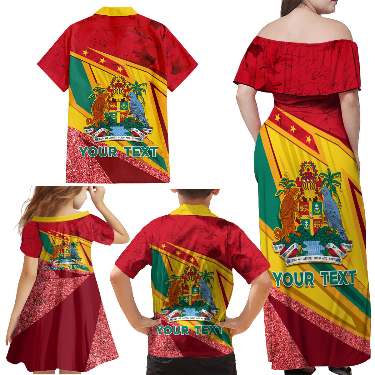Grenada Independence Day Family Matching Off Shoulder Maxi Dress and Hawaiian Shirt Gwenad Bougainvillea Sparkle Version - Wonder Print Shop