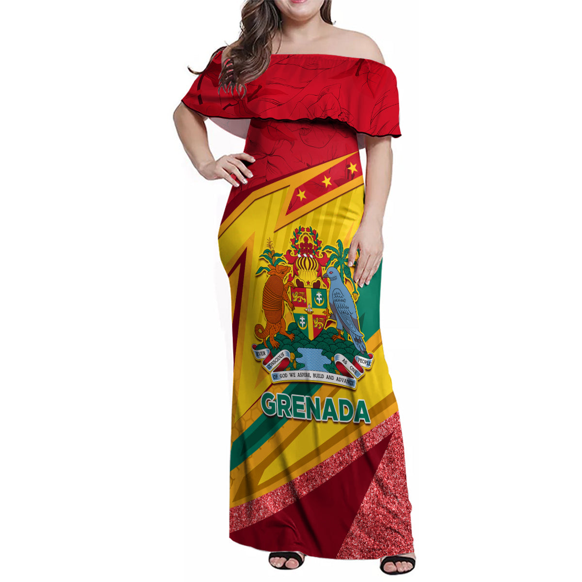 Grenada Independence Day Family Matching Off Shoulder Maxi Dress and Hawaiian Shirt Gwenad Bougainvillea Sparkle Version - Wonder Print Shop