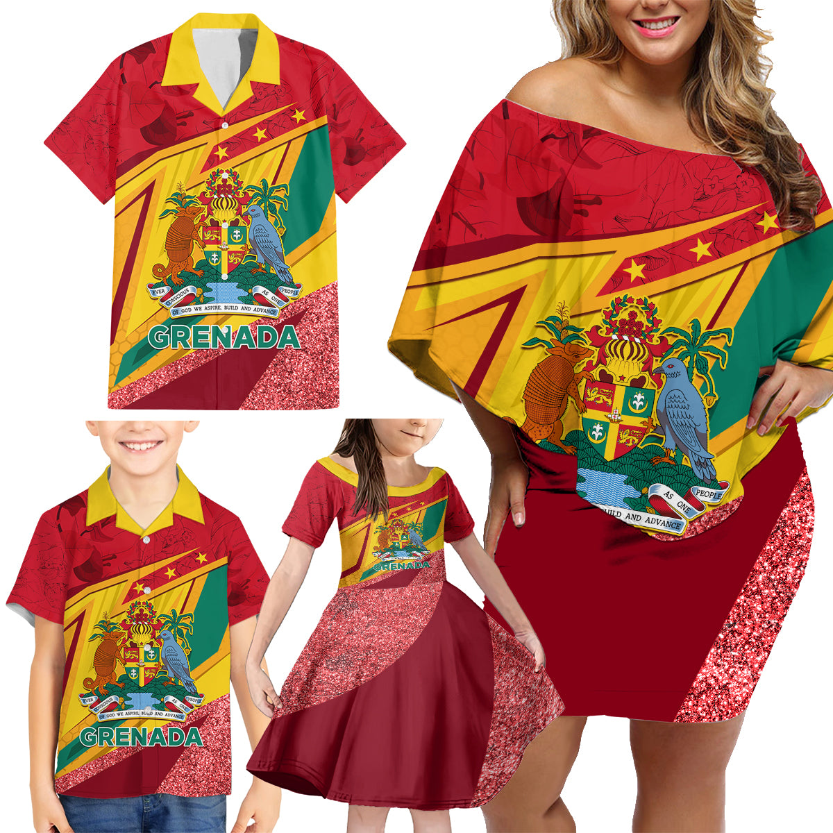 Grenada Independence Day Family Matching Off Shoulder Short Dress and Hawaiian Shirt Gwenad Bougainvillea Sparkle Version - Wonder Print Shop