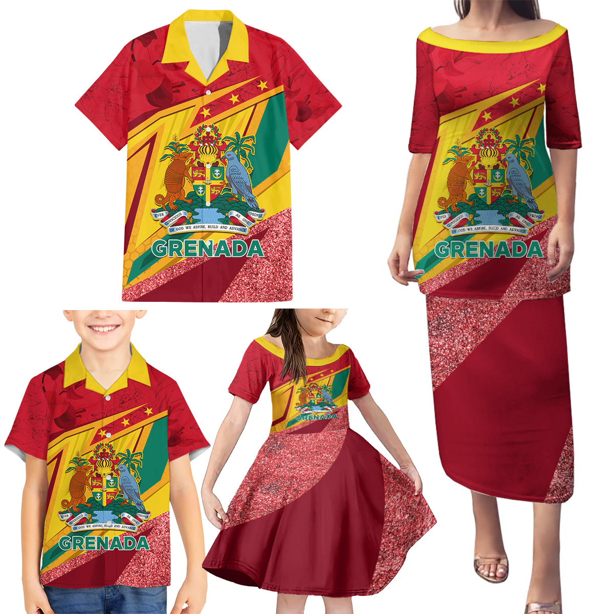 Grenada Independence Day Family Matching Puletasi and Hawaiian Shirt Gwenad Bougainvillea Sparkle Version - Wonder Print Shop