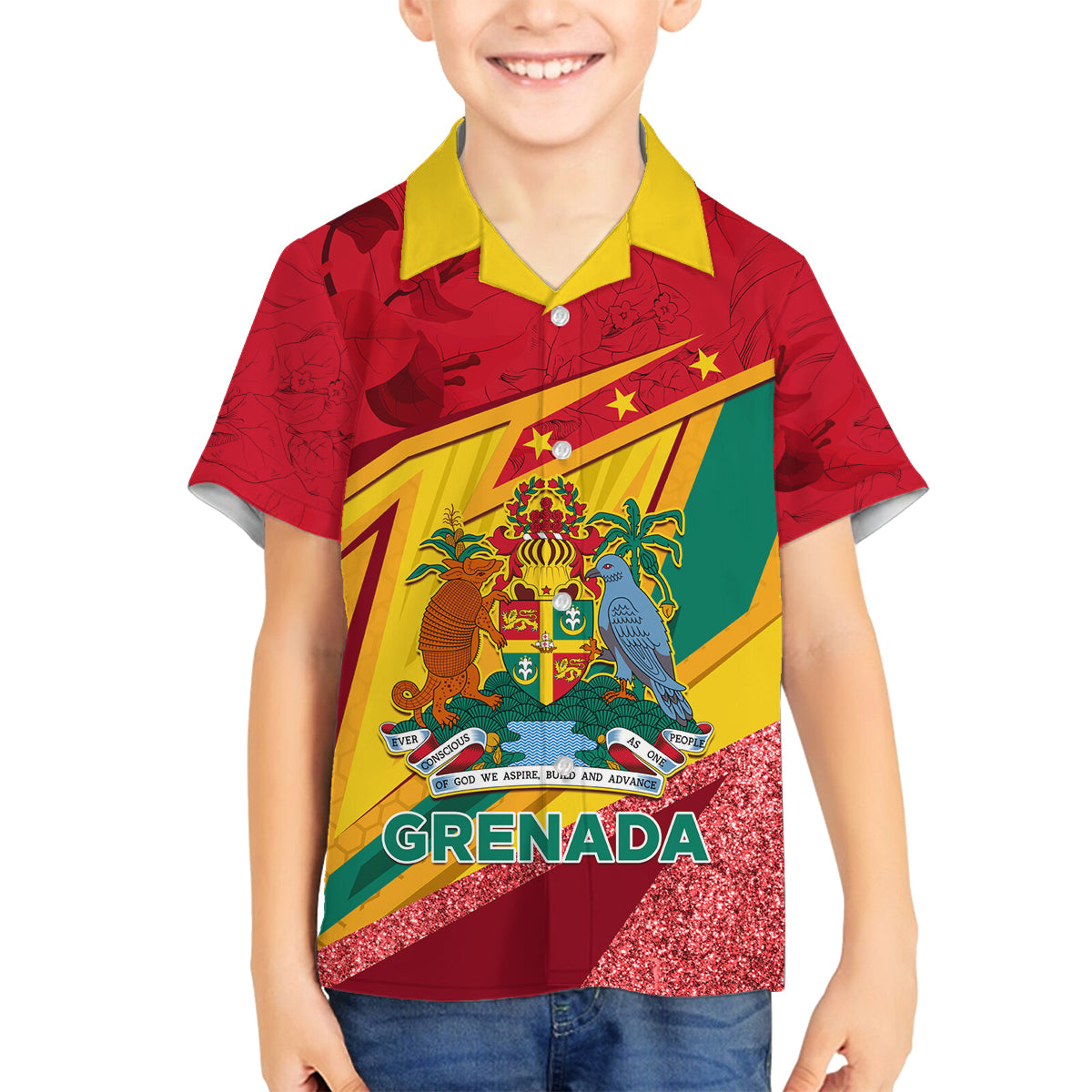 Grenada Independence Day Family Matching Puletasi and Hawaiian Shirt Gwenad Bougainvillea Sparkle Version - Wonder Print Shop