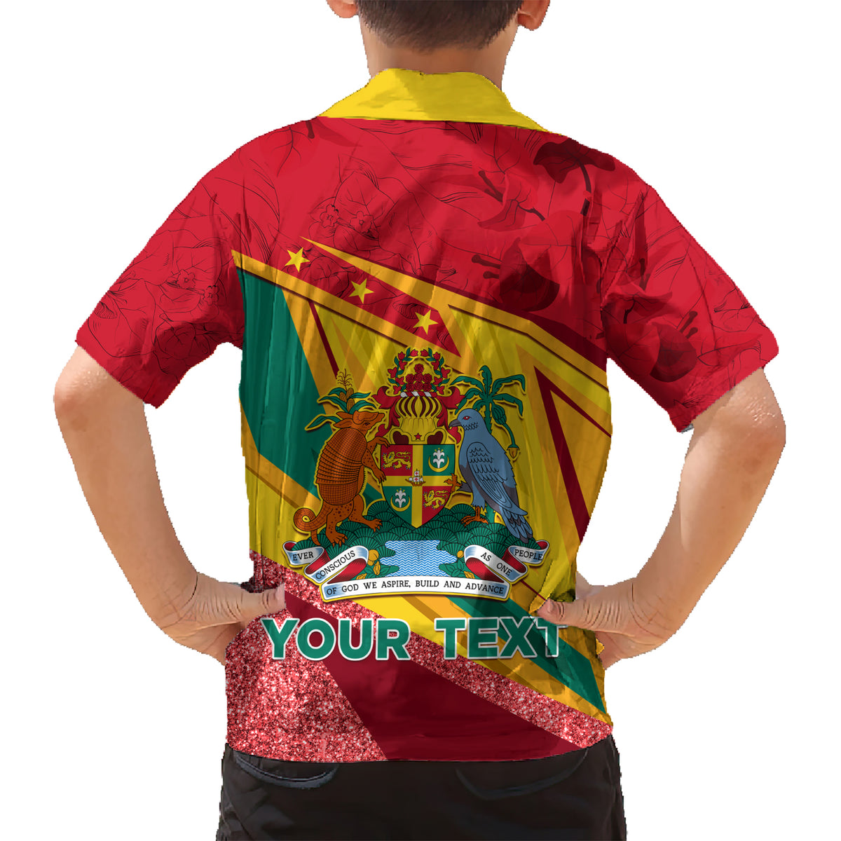 Grenada Independence Day Family Matching Short Sleeve Bodycon Dress and Hawaiian Shirt Gwenad Bougainvillea Sparkle Version - Wonder Print Shop