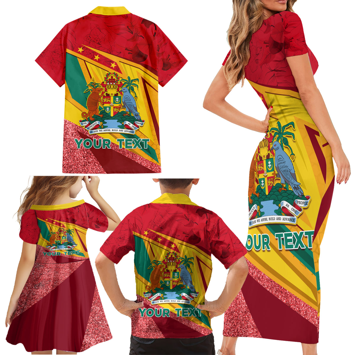 Grenada Independence Day Family Matching Short Sleeve Bodycon Dress and Hawaiian Shirt Gwenad Bougainvillea Sparkle Version - Wonder Print Shop