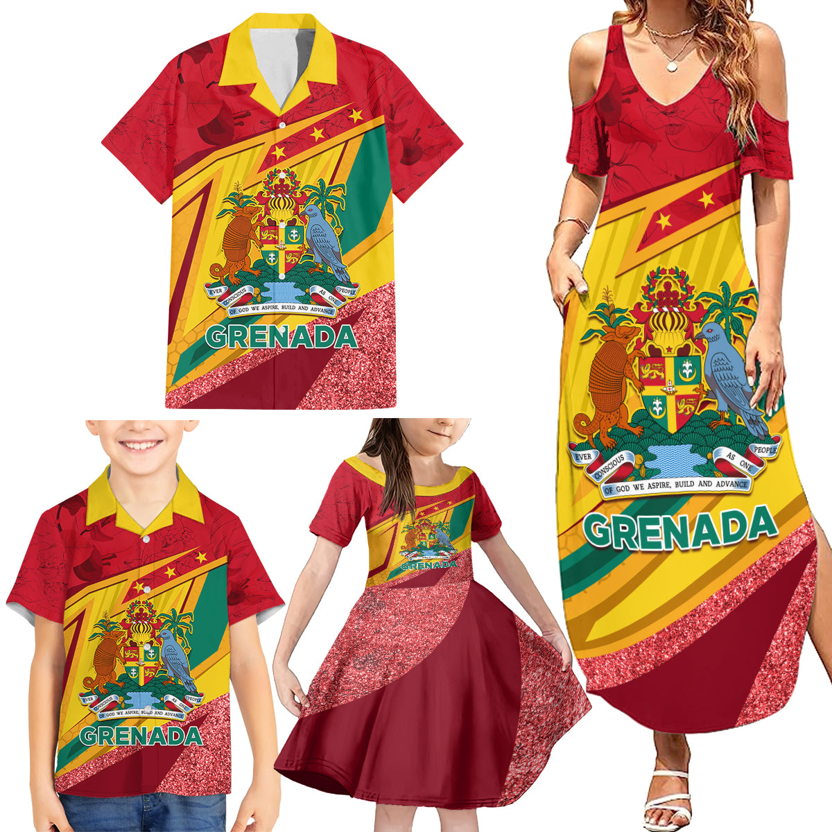 Grenada Independence Day Family Matching Summer Maxi Dress and Hawaiian Shirt Gwenad Bougainvillea Sparkle Version - Wonder Print Shop