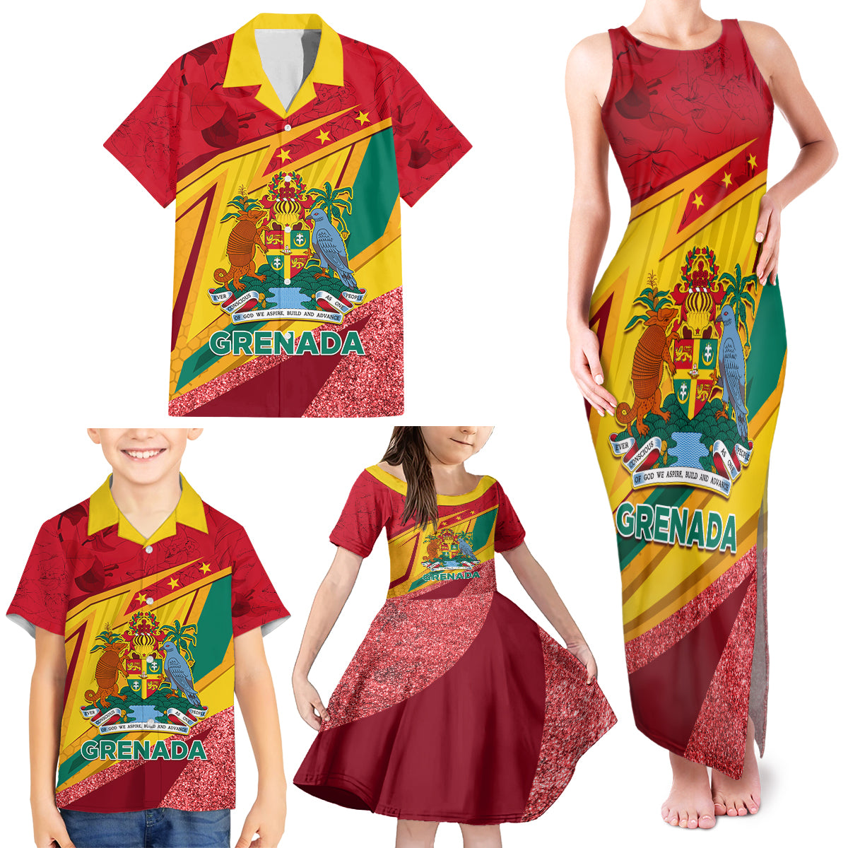 Grenada Independence Day Family Matching Tank Maxi Dress and Hawaiian Shirt Gwenad Bougainvillea Sparkle Version - Wonder Print Shop