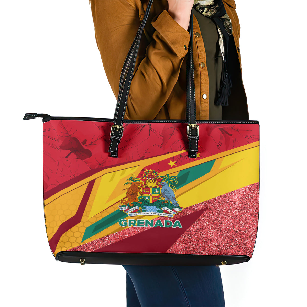 Grenada Independence Day Leather Tote Bag Gwenad Bougainvillea Sparkle Version - Wonder Print Shop