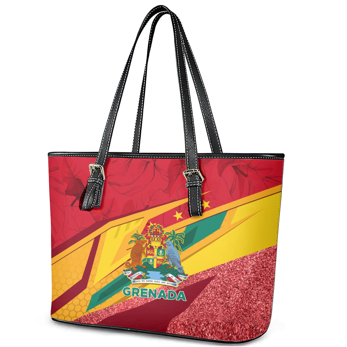 Grenada Independence Day Leather Tote Bag Gwenad Bougainvillea Sparkle Version - Wonder Print Shop