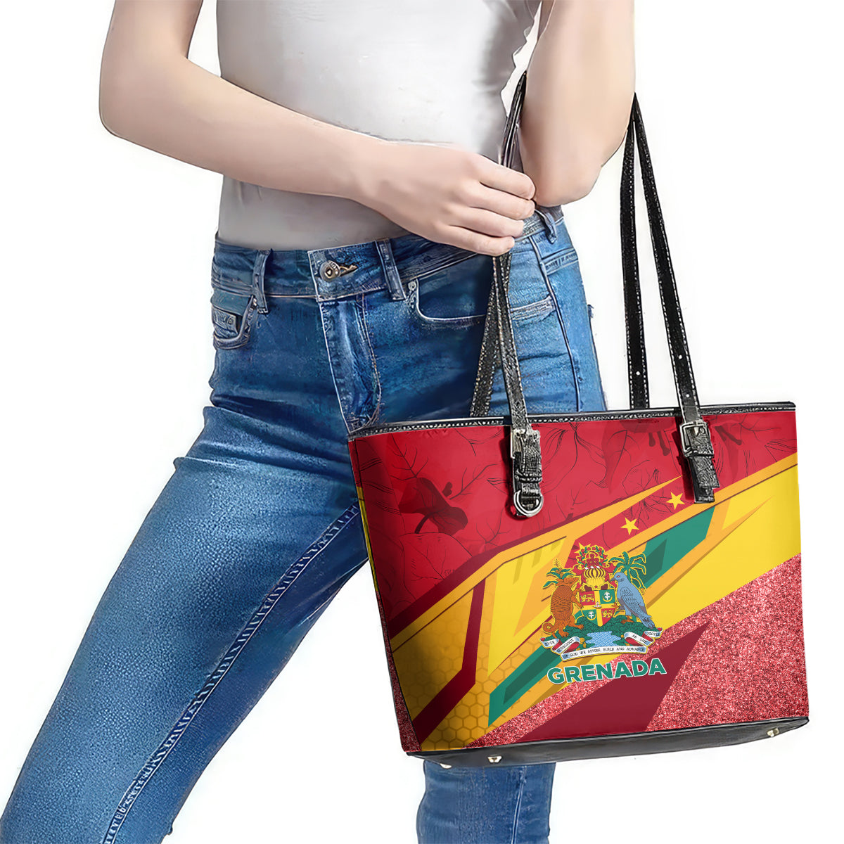 Grenada Independence Day Leather Tote Bag Gwenad Bougainvillea Sparkle Version - Wonder Print Shop