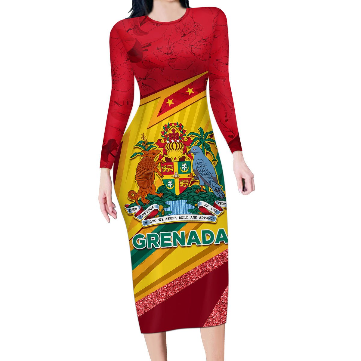 Grenada Independence Day Long Sleeve Bodycon Dress Gwenad Bougainvillea Sparkle Version - Wonder Print Shop