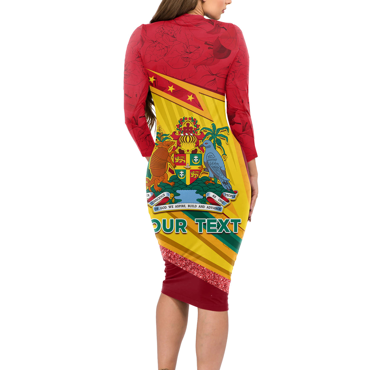 Grenada Independence Day Long Sleeve Bodycon Dress Gwenad Bougainvillea Sparkle Version - Wonder Print Shop