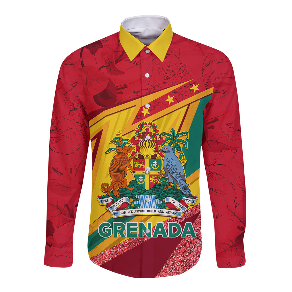 Grenada Independence Day Long Sleeve Button Shirt Gwenad Bougainvillea Sparkle Version - Wonder Print Shop