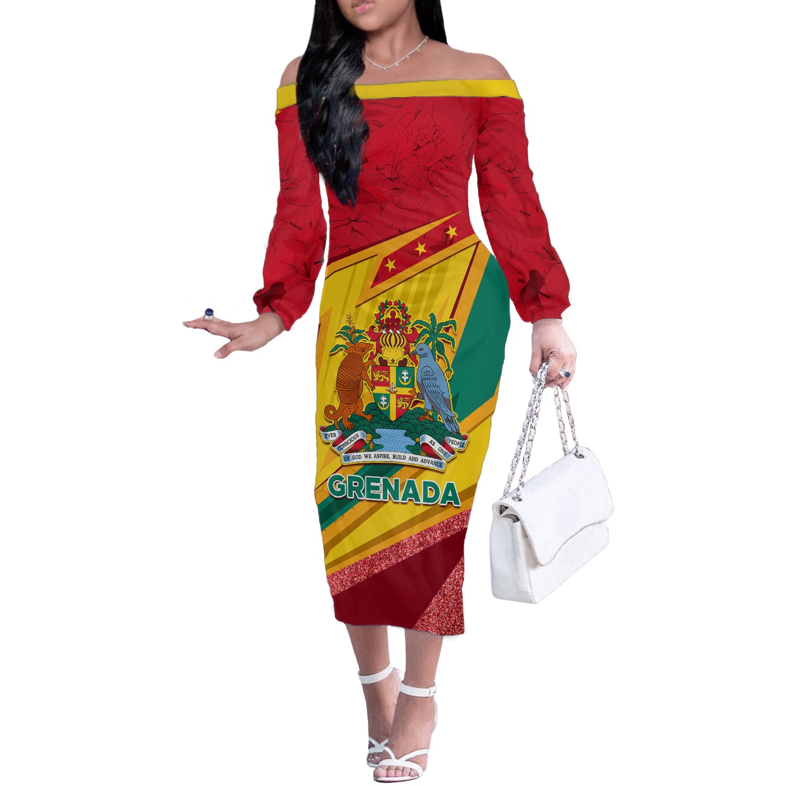 Grenada Independence Day Off The Shoulder Long Sleeve Dress Gwenad Bougainvillea Sparkle Version - Wonder Print Shop