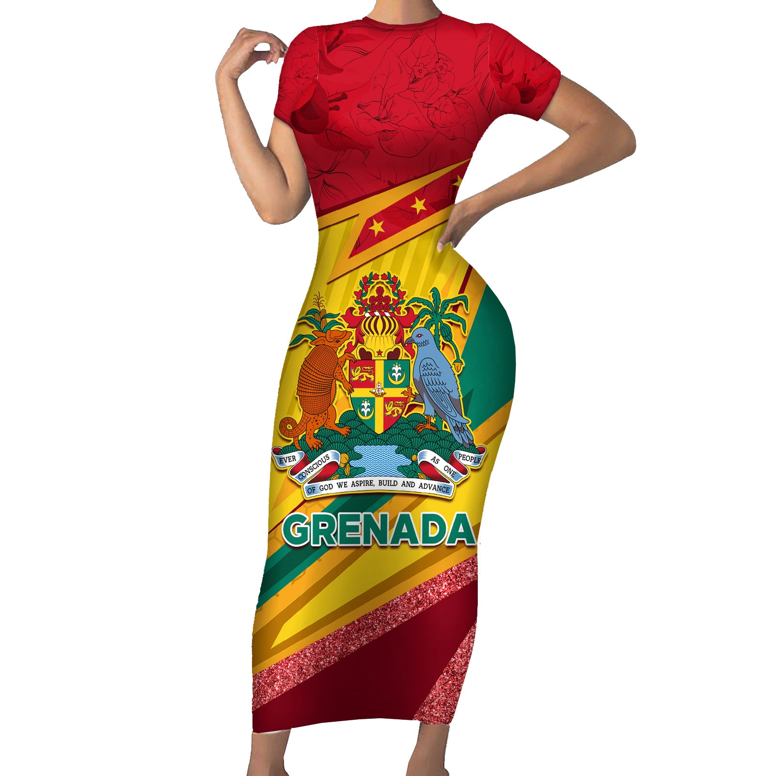Grenada Independence Day Short Sleeve Bodycon Dress Gwenad Bougainvillea Sparkle Version - Wonder Print Shop