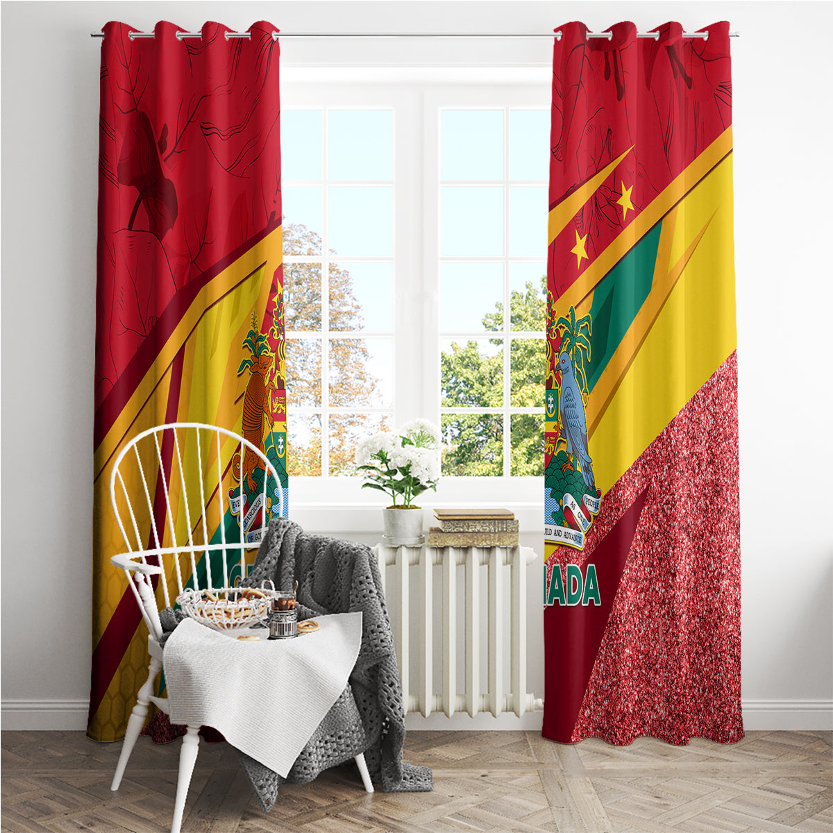 Grenada Independence Day Window Curtain Gwenad Bougainvillea Sparkle Version - Wonder Print Shop