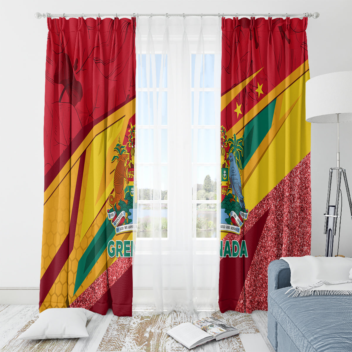 Grenada Independence Day Window Curtain Gwenad Bougainvillea Sparkle Version - Wonder Print Shop
