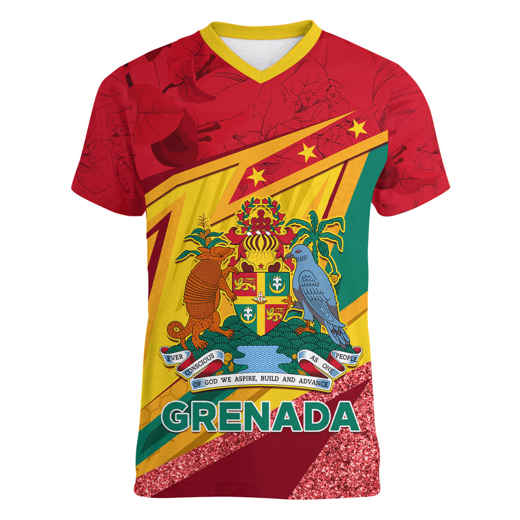 Grenada Independence Day Women V Neck T Shirt Gwenad Bougainvillea Sparkle Version - Wonder Print Shop