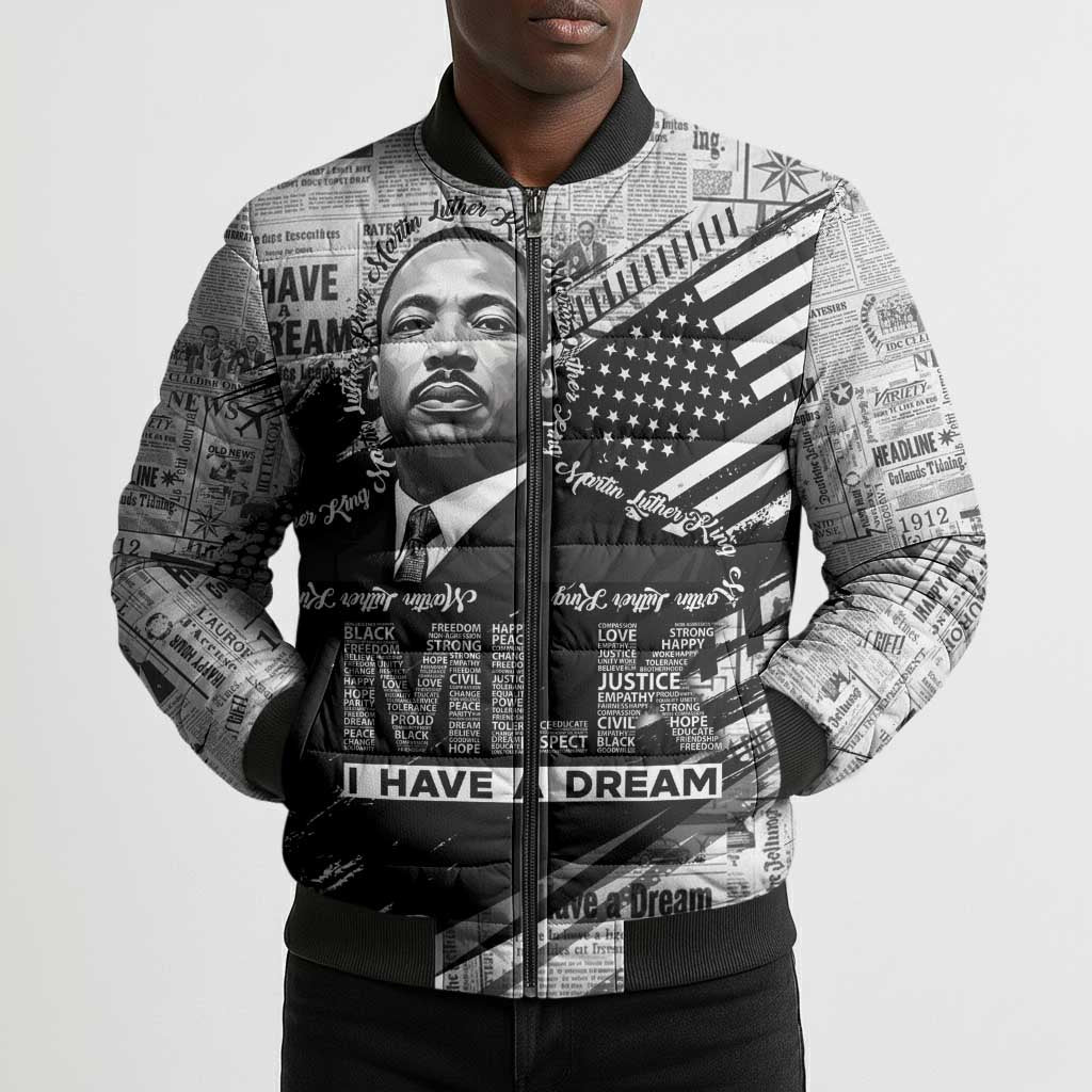 I Have A Dream MLK Bomber Puffer Jacket Newspaper Grunge Style - Wonder Print Shop