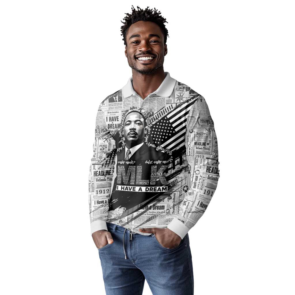 I Have A Dream MLK Long Sleeve Polo Shirt Newspaper Grunge Style - Wonder Print Shop